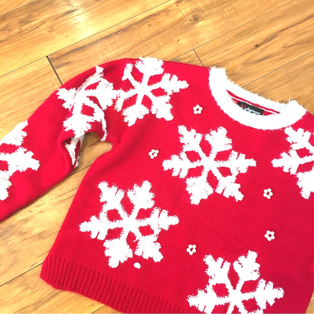 33 Degrees Christmas sweater puffy fabric snowflakes red white cozy small - Picture 4 of 10